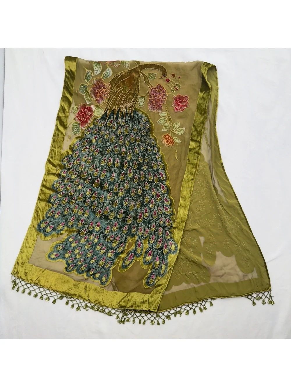 %100 SILK Vintage Beaded Velvet Peacock Scarf Wrap Shawl Olive Green Whimsigoth
